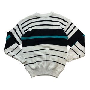 American Weekend Sweater Mens XL Extra Large White Striped Ribbed Trim Crew Neck